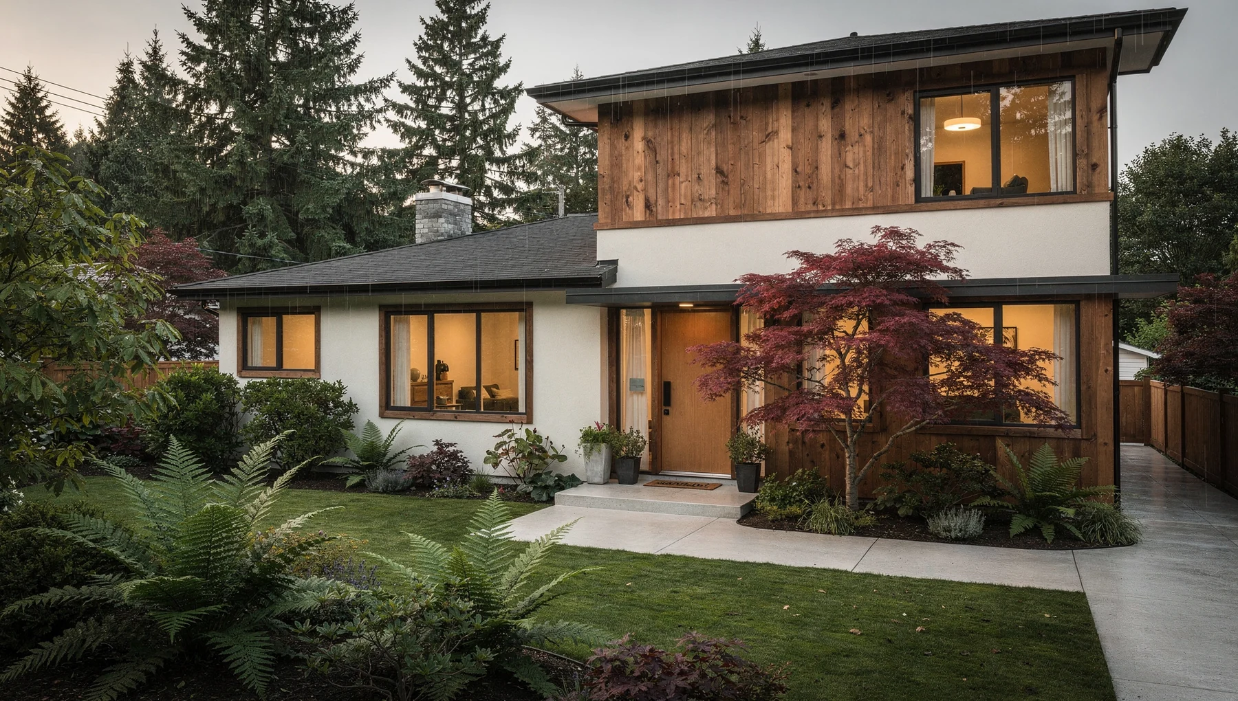 Illustrative cedar and stucco home beside a landscaped garden
