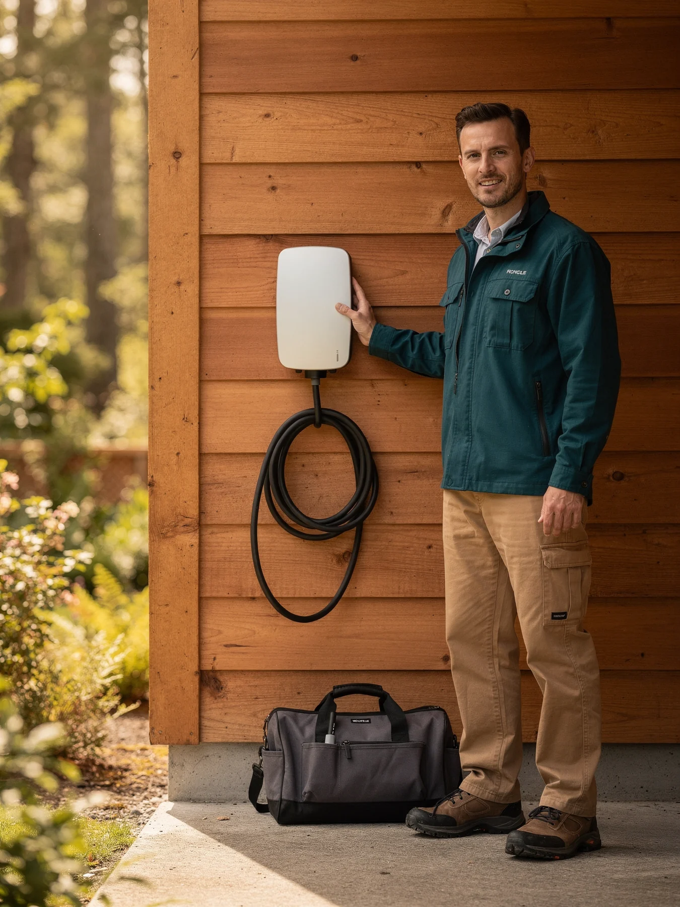 Illustrative electrician beside a home EV charger