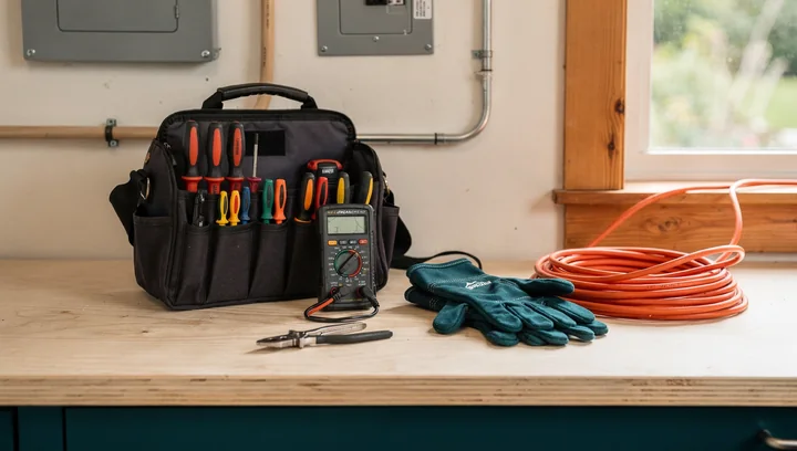 An electrician’s tools, test meter, and gloves ready for the job