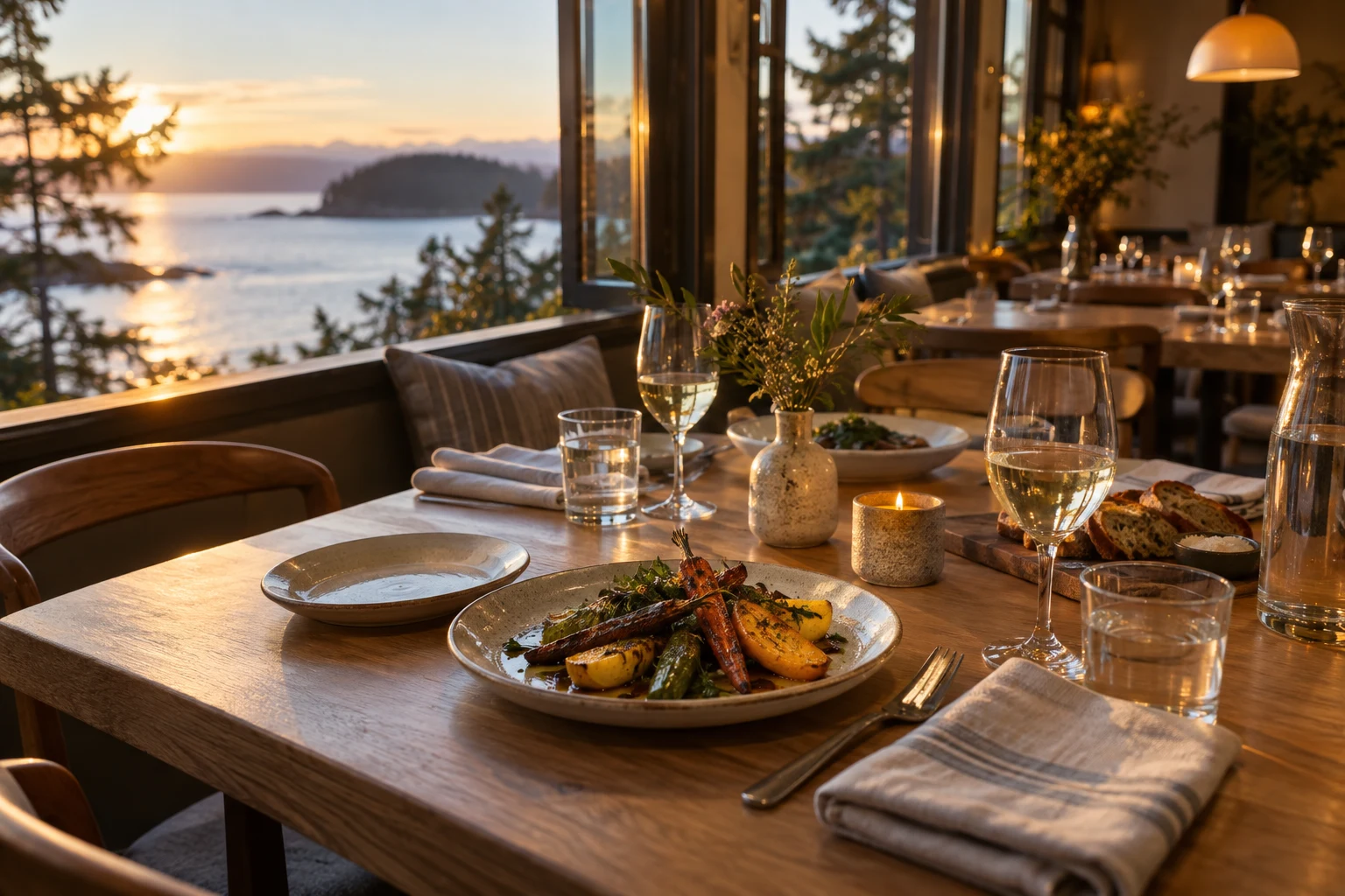 A warmly lit dining room looking out over the water