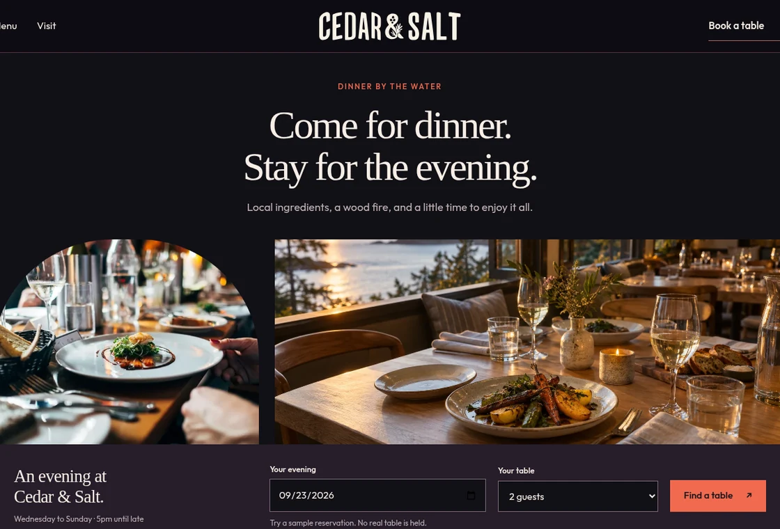 Cedar and Salt restaurant demo with a dinner menu and table reservations