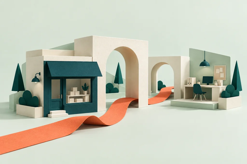 Paper-sculpture illustration of a coral path connecting a teal storefront and an organized workspace through archways and evergreen plants